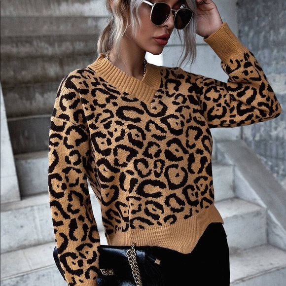 Camel tan v neck leopard print knit sweater - Picture 3 of 5